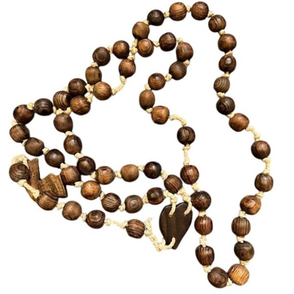 Handcrafted Wooden Rosary Necklace With Cross & Heart Pendants Natural Wood Bead - Picture 7 of 7